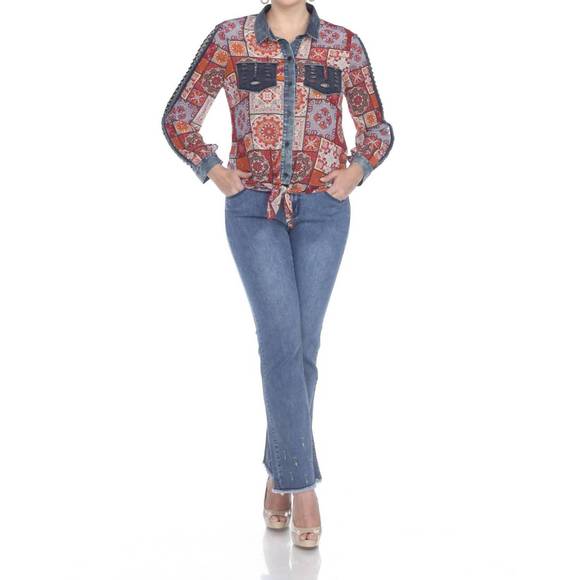 NEW AZI multi colored tie front denim chiffon blouse with lattice sleeve in red - Picture 3 of 3